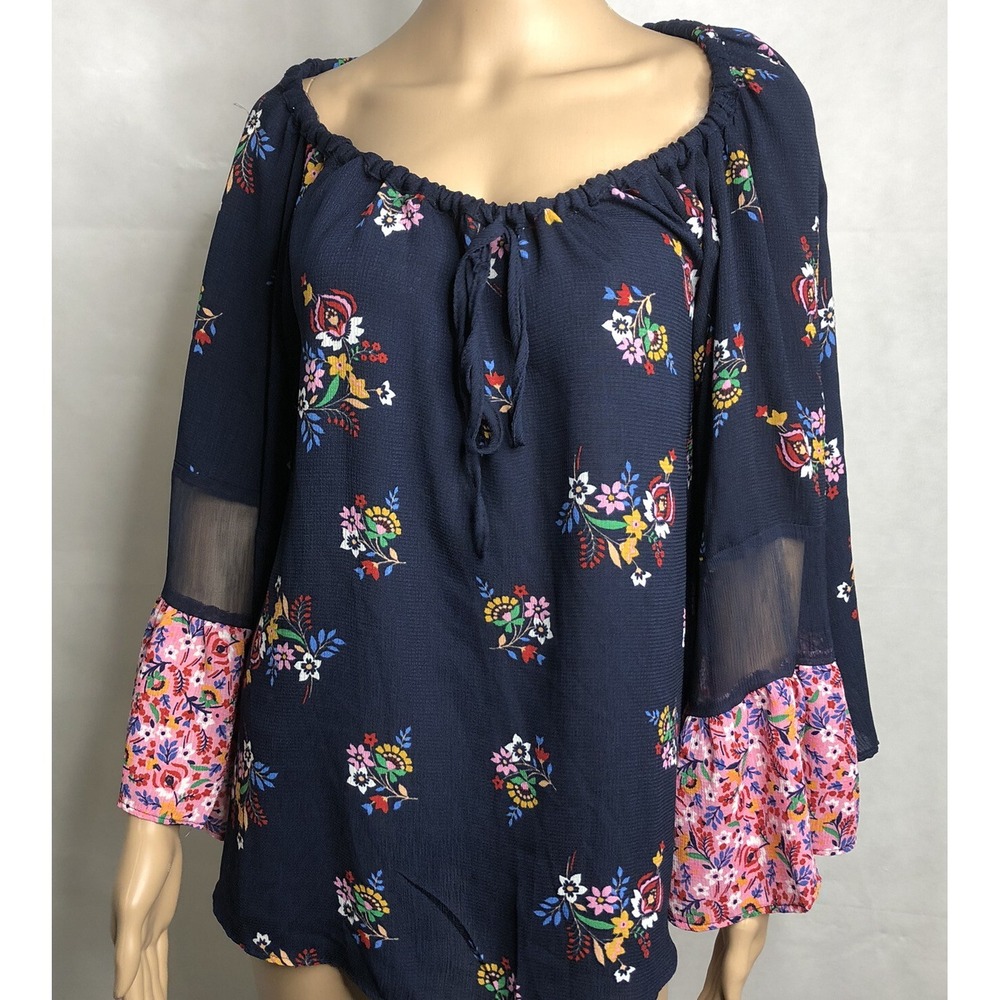 ROCKS & INDIGO Blouse Size M Medium Womens Blue Floral Boho Hippy Top Bohemian